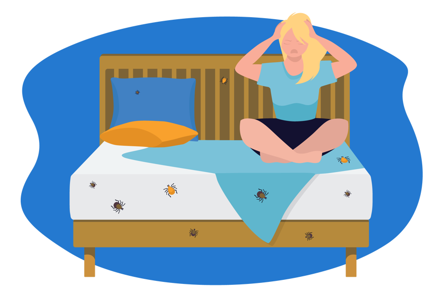 woman with bugs on her bed